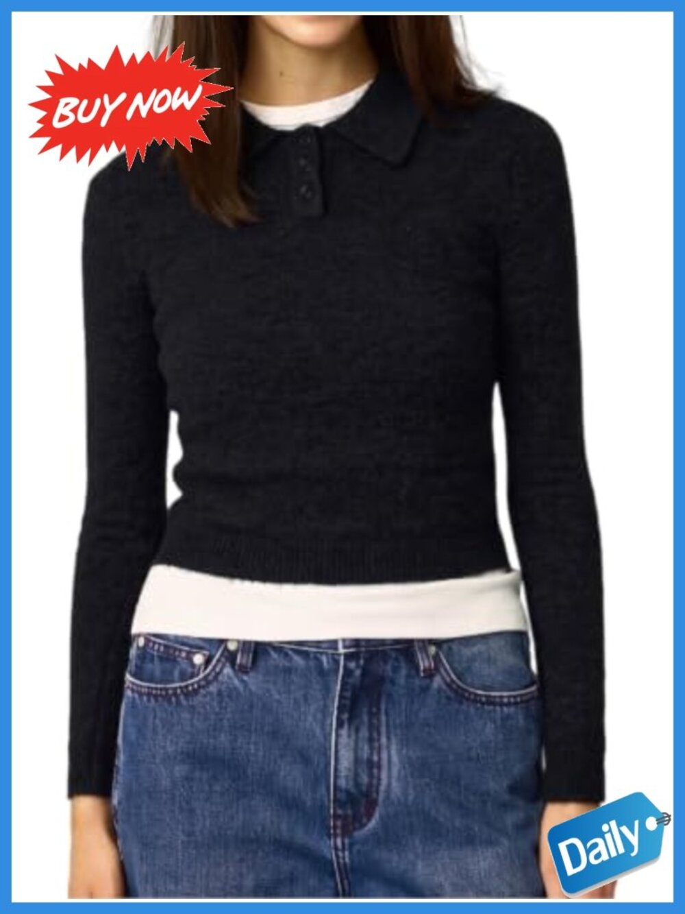 Wool Blend Long Sleeve Collared Polo Crop Sweater Pullover